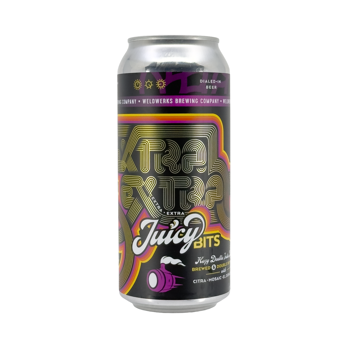 Extra Extra Juicy Bits van WeldWerks Brewing Co., Hazy Double IPA in blik van 473 ml