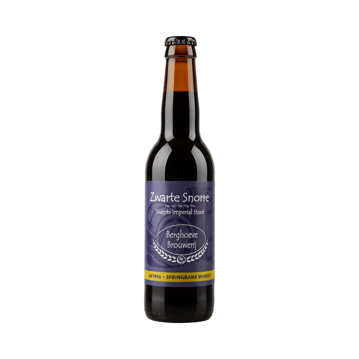 Zwarte Snorre BA Springbank Whisky VAT#66 van Berghoeve Brouwerij, Imperial Stout in fles van 330 ml